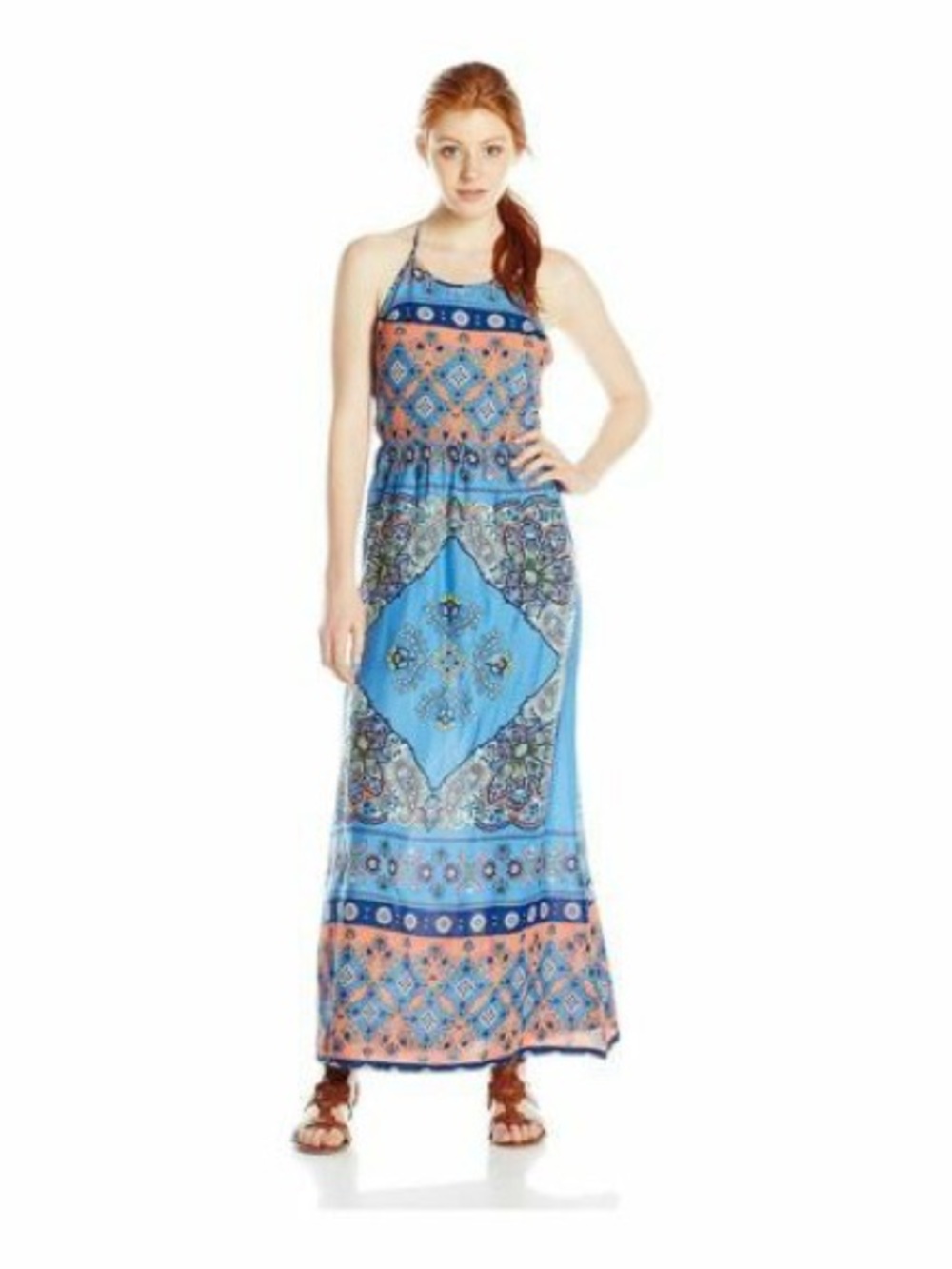 Roxy Boho Maxi Dress Blue Orange Paisley Print Spaghetti Strap Size M Festival